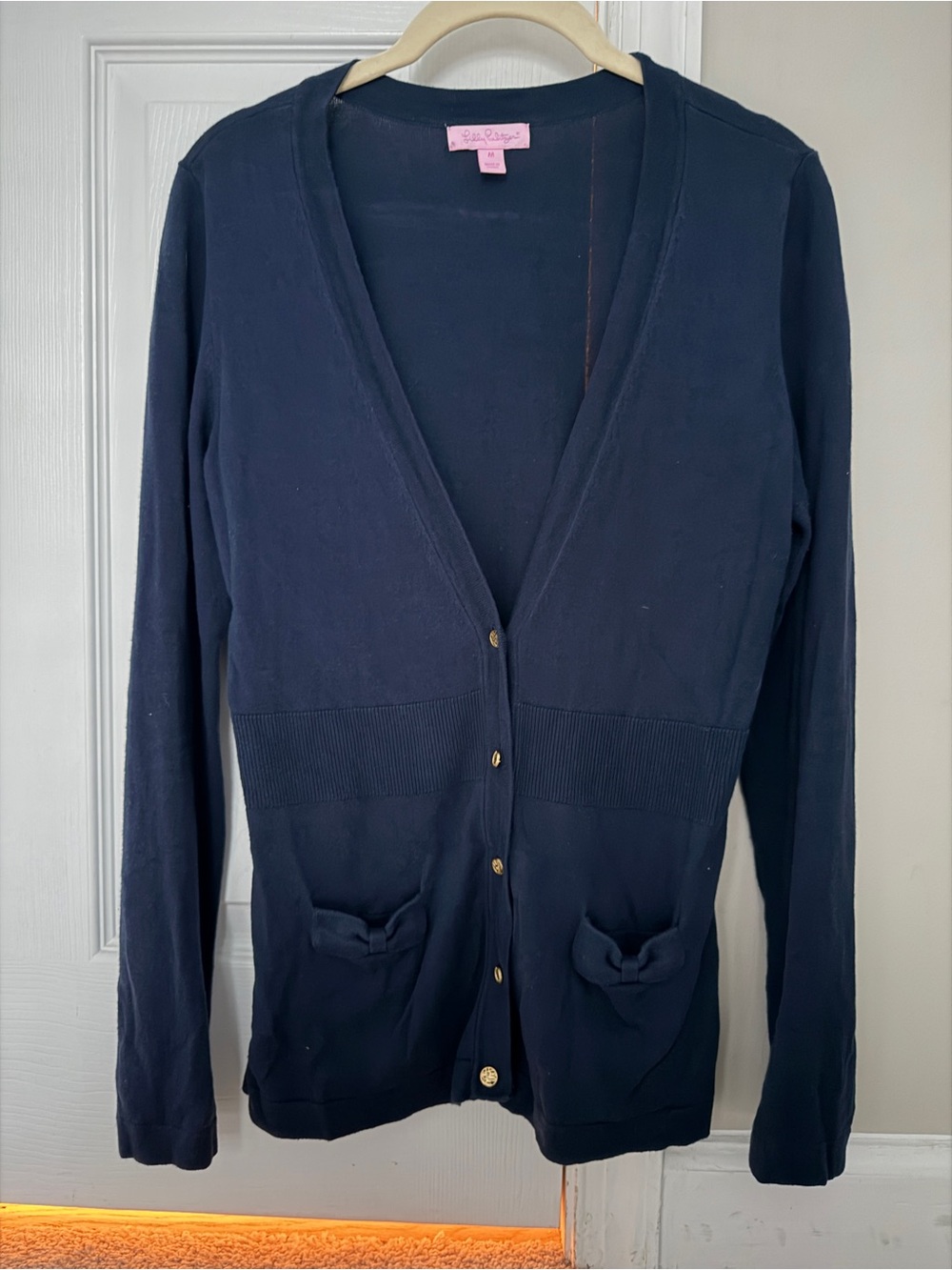 Lilly Pulitzer Navy V‑Neck Button‑Front Silk and Cotton Cardigan